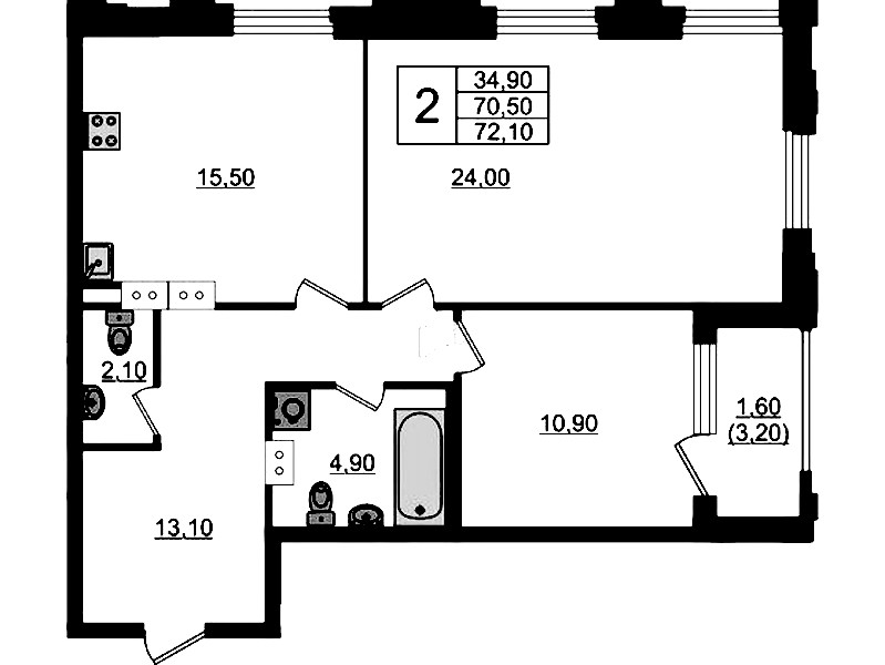 2-комнатная квартира 72.1 м², 12/13 эт., ЖК «Тайм Сквер»